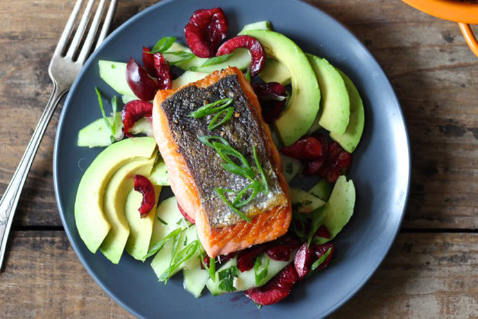 Salmon with Cherries, Avocado and Cucumbers | Borrowed Salt