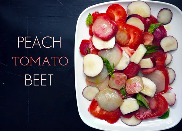 A delicious summer salad that can be easily deconstructed to feed picky eaters, too: Peach, Tomato and Beet Salad recipe | Cool Mom Eats