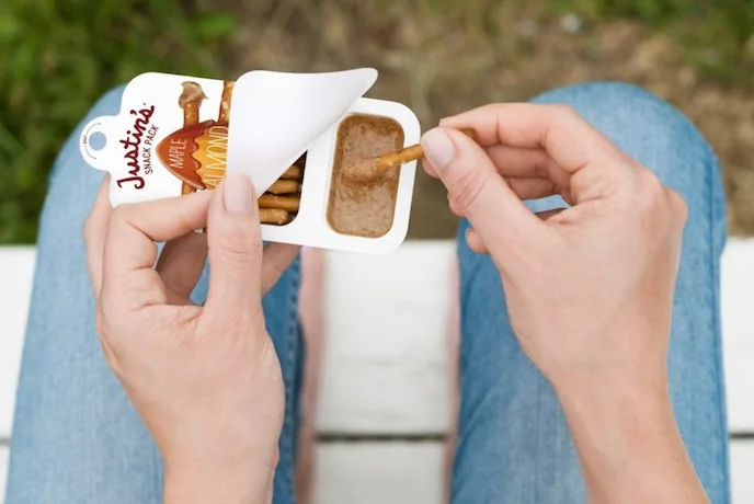 Justin's snack packs: All-natural nut butters + gluten-free pretzels. So so good!