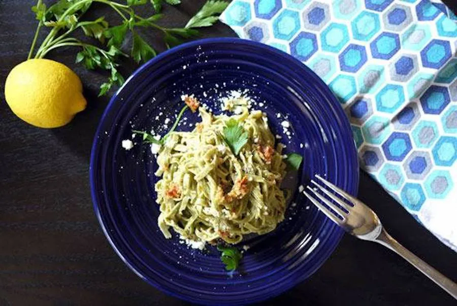 savory no-cook pasta sauces for summer: Olive and sundried tomato pesto recipe from One Hungry Mama | coolmomeats.com