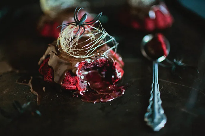 End your Halloween dinner party or family dinner with these individual Red Velvet Molten Lava Cakes | Say Yes