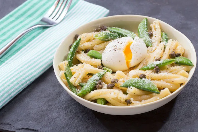 Perfect spring pasta recipes: Gemelli with Sugar Snap Peas and an Egg at Blue Apron