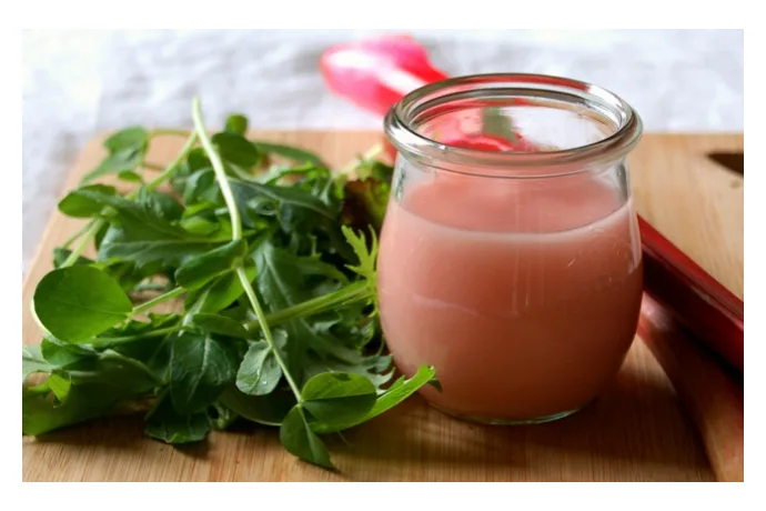 6 delightful spring salad dressings, including this Rhubarb Dressing from Inspired by the Seasons.