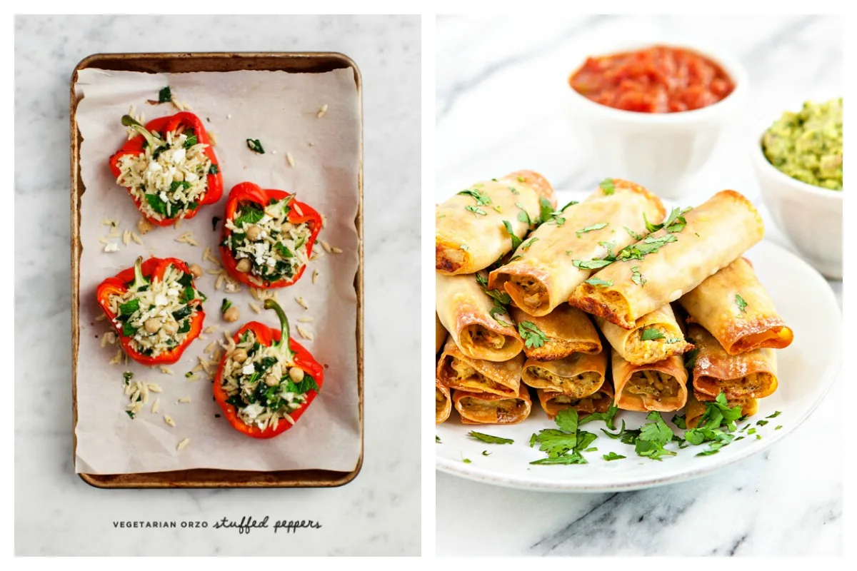 Our free weekly Cool Mom Eats meal plan is up! On the menu: Vegetarian Stuffed Peppers at Love & Lemons and shortcut Chicken Taquitos at Good Cook