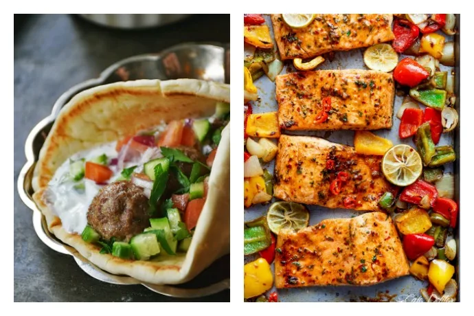 On this week's Cool Mom Eats meal plan, easy Gyro Meatballs at Our Life Tastes Good, Sheet Pan Chili Lime Salmon at Cafe Delites, and more simple, delicious weekday meals for the whole family.