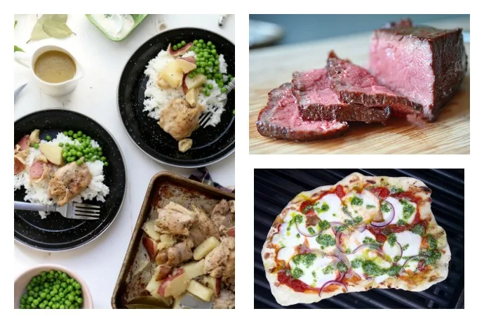 On this week's Cool Mom Eats meal plan: the best chicken dinner at Joy the Baker, perfect steak from Nom Nom Paleo, our own tutorial on how to quick grill pizza, and more!