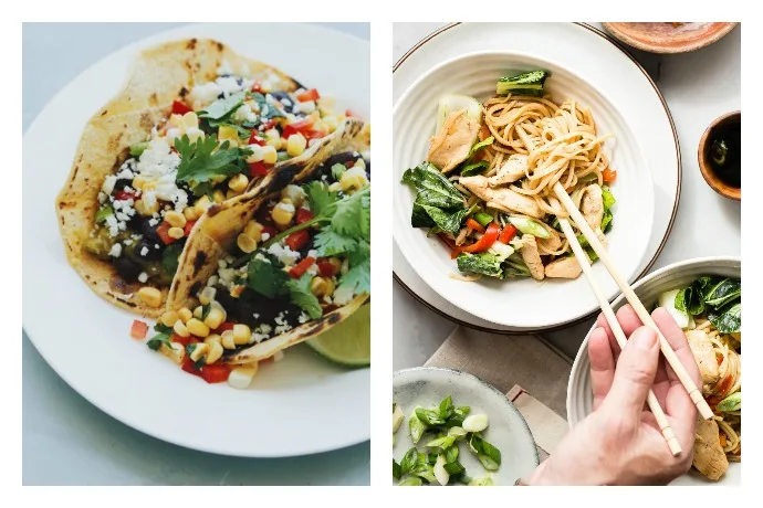 Dinner is done with the Cool Mom Eats weekly meal plan: 5 easy weeknight dinners including Southwestern Black Bean Tacos at A Beautiful Plate and easy Chicken Chow Mein at Foodness Gracious