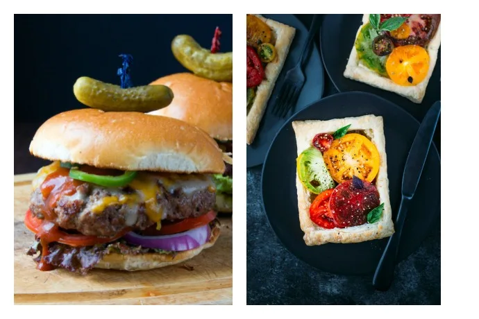 Cool Mom Eats weekly meal plan: 5 easy family dinners for the week ahead including the perfect Labor Day Barbecue Bacon Cheeseburger at Garlic and Zest and a Tomato Basil Tart with White Bean Puree at Vegetarian Ventures
