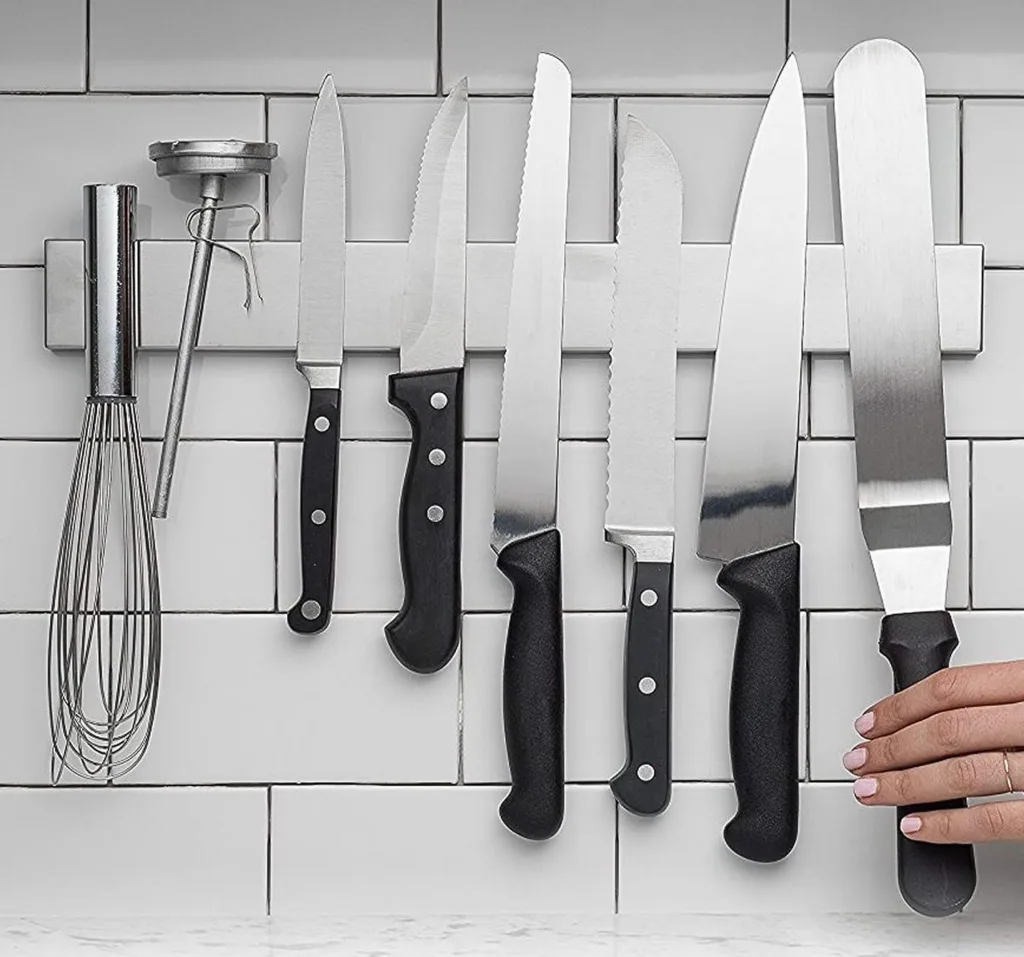 Proper knife care: this versatile 16-Inch Stainless Steel Magnetic Knife Bar can be used for knives and other stainless kitchen tools