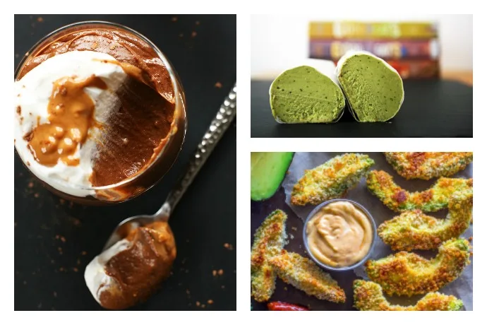 12 unexpected ways to eat avocado at Cool Mom Eats, because there's only so much toast that can be had | Pictured: Chocolate Peanut Butter Avocado Pudding at Minimalist Baker, Avocado Compound Butter at Alton Brown, and Avocado Fries at Gimme Delicious