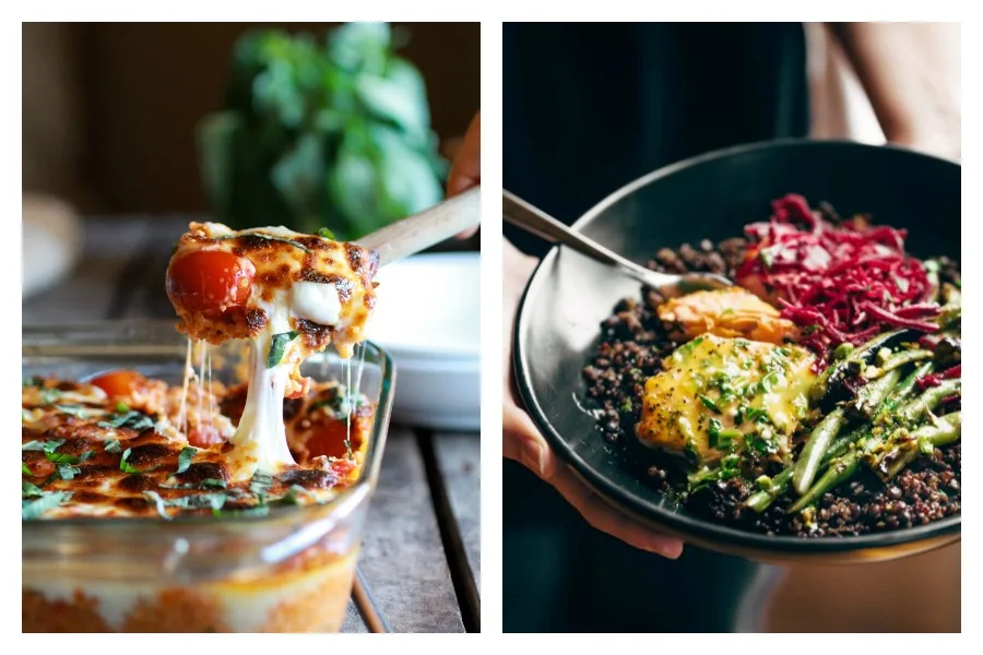 Cool Mom Eats weekly meal plan: 5 easy recipes for the week ahead including a Creamy Caprese Quinoa Bake at Half Baked Harvest and a one-pot Baked Salmon and Lentils at Pinch of Yum