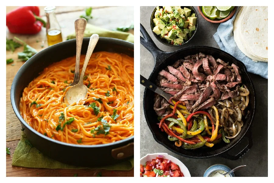 The Cool Mom Eats weekly meal plan, with 5 easy recipes for the week ahead including a creamy Red Pepper Pasta at Minimalist Baker and easy Beef Fajitas at Recipe Tin Eats