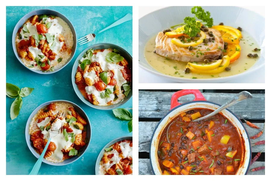 The latest weekly Cool Mom Eats meal plan has 5 new easy family dinner recipes for the work week ahead including: Cheesy Baked Gnocchi at What's Gaby Cooking, Citrus Caper Fish at Steamy Kitchen, and Beef and Pumpkin Chili at The View From Great Island