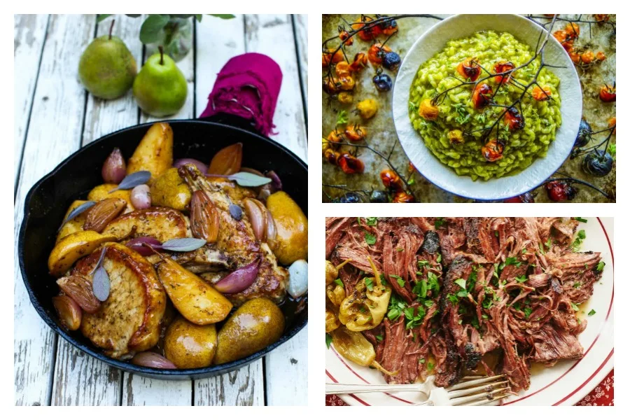 On our latest Cool Mom Eats weekly meal plan, 5 family-friendly dinners including Pork Chops with Roasted Pears at Simple Bites, Spinach Basil Pesto RIsotto by Heather Christo at Pioneer Woman, and slow cooker Mississippi Roast by Sam Sifton at The New York Times