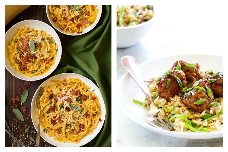 On this week's Cool Mom Eats weekly meal plan has 5 easy weeknight dinners including Butternut Squash Pasta Carbonara at Cooking Classy, Soy Ginger Meatballs at My Baking Addiction and more.