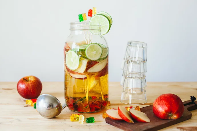We found 7 yummy ways to use up leftover Halloween candy, like this Gummy Bear Sangria at My Name is Yeh