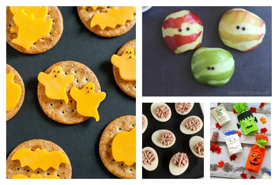 We found the best non-candy Halloween snack ideas and recipes, including Halloween cheese and crackers at Peas and Crayons, Apple Mummies at Two Healthy Kitchens, Deviled Egg Brains at Brit + Co, and squeeze fruit characters at MomDot | Cool Mom Eats