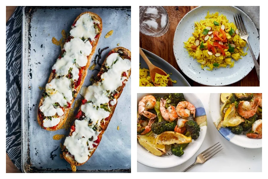 On the latest Cool Mom Eats weekly meal plan, 5 easy family dinner recipes including French Bread Pizzas at Brooklyn Supper, Fancy Weeknight Chicken and Rice at the New York Times, and Roasted Shrimp and Broccoli at Dinner with Julie