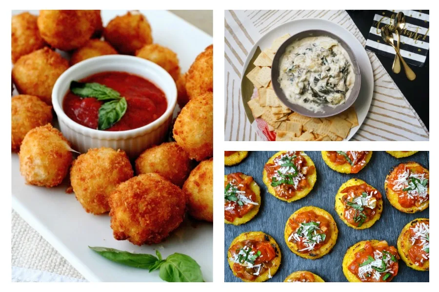 We're sharing easy holiday appetizer recipes that are made faster with store-bought shortcuts | Bocconcini at The Curvy Carrot, our own Instant Pot Spinach Artichoke Dip reipce, and Gluten-Free Polenta Cakes at Photo by Carmen Sturdy for Daily Burn, to help make holiday cooking easier. | Cool Mom Eats