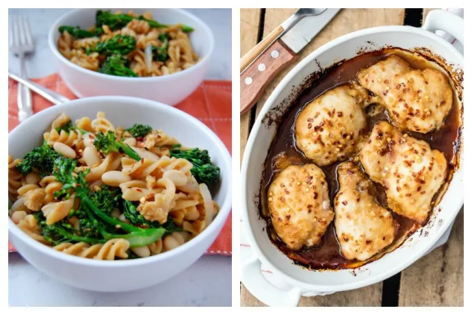 Cool Mom Eats weekly meal plan: 5 easy recipes to get you through the week including One Pot Broccolini Pasta with Sausage and White Beans at Uproot Kitchen and Honey Garlic Baked Chicken at The Cookie Rookie