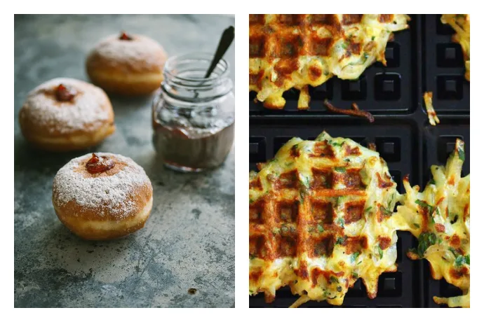 Fun twists on traditional Hanukkah recipes including Jelly Dougnuts (Sufganiyot) at Pretty. Simple. Sweet and Spring Herb Waffle Latkes at Recipe Fiction
