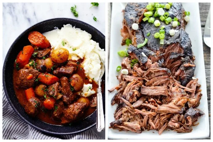 10 fabulous holiday dinner recipes you can make in a slow cooker or instant pot including Slow Cooker Beef Bourguignon at The Recipe Critic and Balsamic Pot Roast at Joy of Sunshine Because, hands-free, baby!
