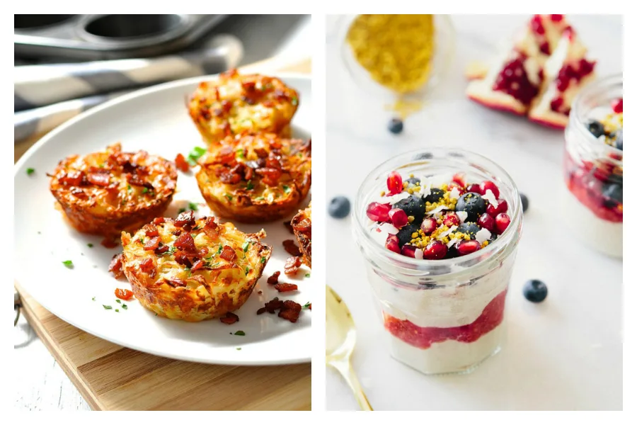 Prep these make ahead holiday breakfast recipes including Cheese and Bacon Hash Brown Muffins at Recipe Tin Eats and Overnight Buckwheat Cashew Parfait at A House in the Hills to keep your holiday morning stress-free. At least in the kitchen! | Cool Mom Eats