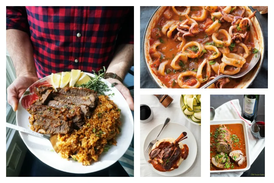 Our favorite holiday dinner recipes made easy with a secret store-bought shortcut, including our own Instant Pot Brisket and Tomato Risotto, Calamari Fra Diavolo at Taste, Lamb Shanks in Red Wine Sauce at Recipe Tin Eats, and Prosciutto Filled Beef Braciole at Honest Cooking | Cool Mom Eats