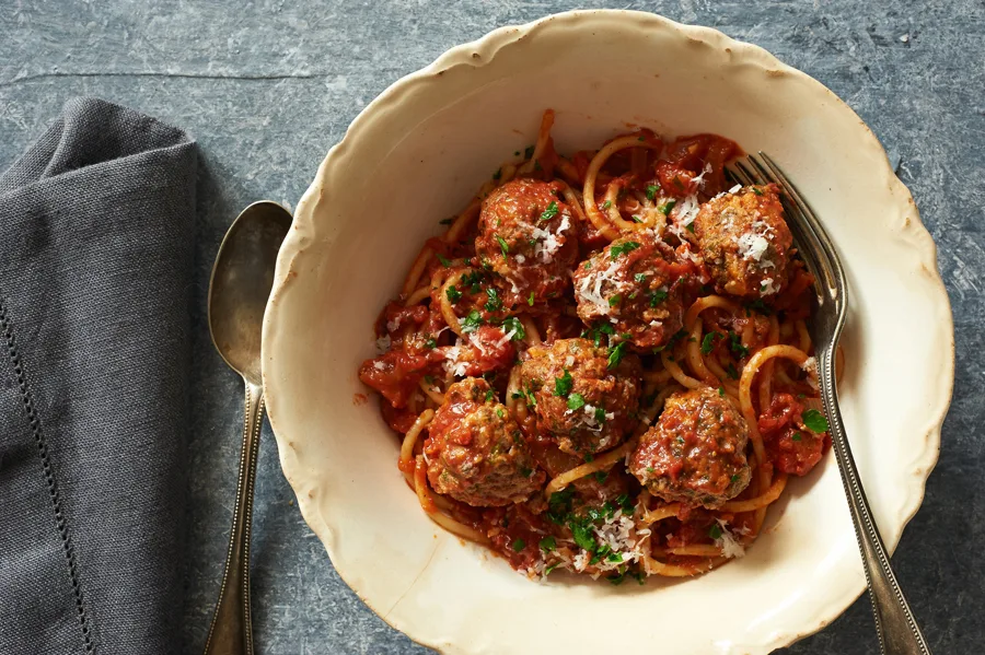 Cool Mom Eats weekly meal plan: Mark Bittman's Spaghetti and Drop Meatballs | Photo by Melina Hammer at the New York Times