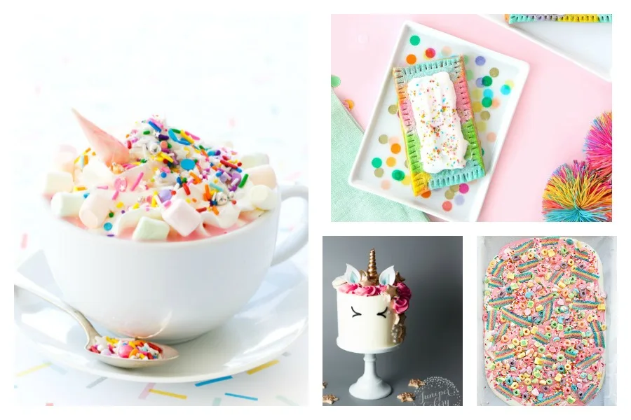 Easy unicorn party recipes at Cool Mom Eats featuring: Unicorn Hot Chocolate at Love & Olive Oil | Rainbow Pop Tarts at Aww Sam | Unicorn Birthday Cake at Craftsy | Unicorn Candy Bark at Hello, Wonderful