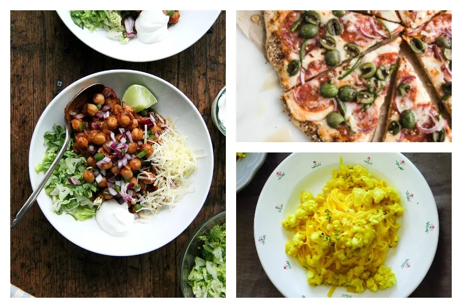 Cool Mom Eats weekly meal plan: 5 easy, family friendly dinner recipes for the week ahead, including Chickpea Taco Bowls at Alexandra's Kitchen, Salami, Jalapeno, and Olive Pizza at The Modern Proper, and Turmeric Cauliflower Pasta at Noghlemey