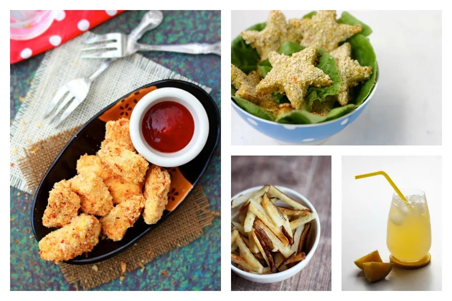 Copycat kids meals: Recipes for homemade french fries, DIY all natural sodas like the Honey Orange Ginger Ale at the Washington post, and healthy chicken nugget recipes including Baked Chicken Nuggets at Rasa Malaysia and Veggie Chicken Nuggets at Cheeky Kitchen