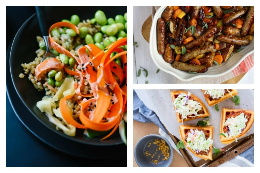 Cool Mom Eats weekly meal plans: 5 easy, family-friendly meals for the week ahead, including Top: Veggie Sushi Bowls at Cookie + Kate | Sticky Sausage Traybake at Taming Twins | Pulled Pork Cornbread Waffle Sliders at A Simple Pantry