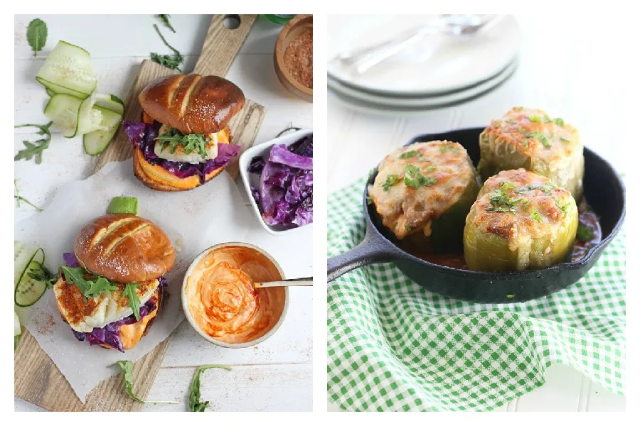Cool Mom Eats weekly meal plan: 5 family-friendly dinners for the week ahead including Blackened Fish Burgers at Oh, Sweet Basil and Chile con Queso Stuffed Peppers at Hungry Food Love