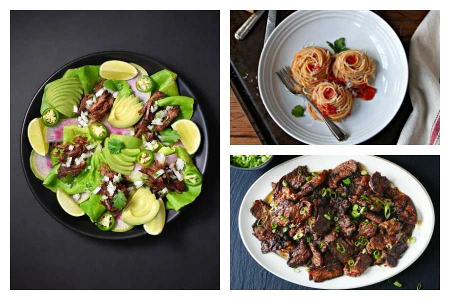 Cool Mom Eats weekly meal plan: 5 easy, family-friendly dinner ideas including Instant Pot Carnitas at Nom Nom Paleo, Basic Bulgogi at Bon Appetit (Photo by Linda Xiao), and Spaghetti with Butter Roasted Tomato Sauce at Bell'alimento