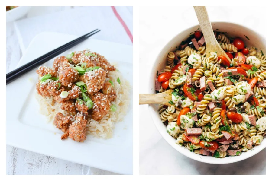 The latest Cool Mom Eats weekly meal plan offers 5 easy, family-friendly weeknight dinners including General Tso’s Cauliflower at Delish Knowledge and Italian Pasta Salad at Pinch of Yum