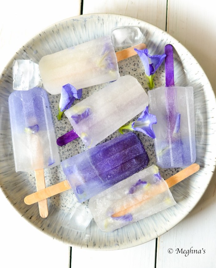 Gourmet popsicle recipes: Blue Ombre Edible Flower popsicles at Meghna's Gourmet popsicle recipes: Blue Ombre Edible Flower popsicles at Meghna's