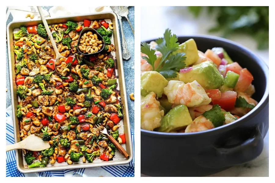This week's Cool Mom Eats weekly meal plan has 5 fantastic, family-friendly meals that are easy to cook, including Cashew Chicken Sheet Pan at Life Made Sweeter and Zesty Lime Shrimp and Avocado Salad at Skinny Taste