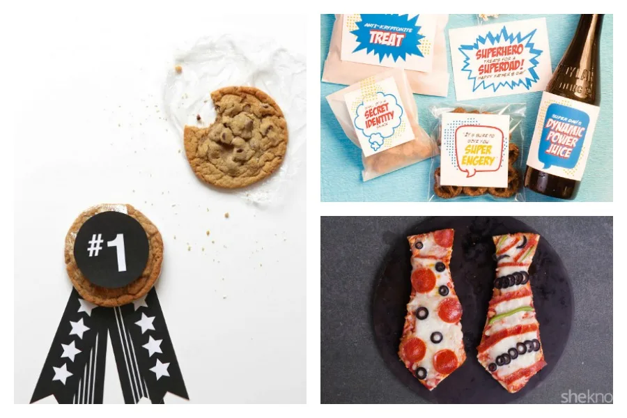 Father's Day food gifts that the kids can help make, including Best Dad Cookie Medal at Paging Supermom, Father's Day Superdad Snack Pack at Pizzazzerie, and Tie-Shaped Pizzas at SheKnows