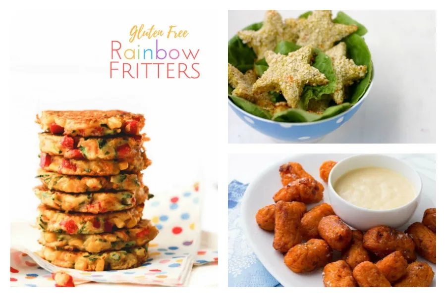Healthy dinner ideas for your pick eaters -- really!! -- including  Rainbow Fritters at Healthy Little Foodies, Chicken Nuggets at Cheeky Kitchen, and Sweet Potato and Bacon Tots at The Food Network
