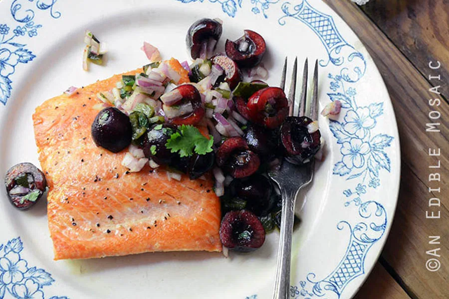 The Cool Mom Eats weekly meal plan has 5 easy, family-friendly dinners for the week ahead including this gorgeous Seared Salmon with Cherry and Poblano Salsa at An Edible Mosaic that's easily adaptable and deconstructed for everyone in the family, even your picky eaters!