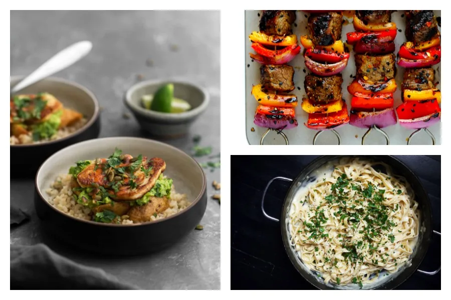 Cool Mom Eats weekly meal plan: 5 easy, family friendly recipes for the week ahead including a Halloumi Burrito Bowl at Naturally Ella, Korean Steak Kebabs at Gimme Some Oven, and Skinny Pasta Alfredo at One Hungry Mama