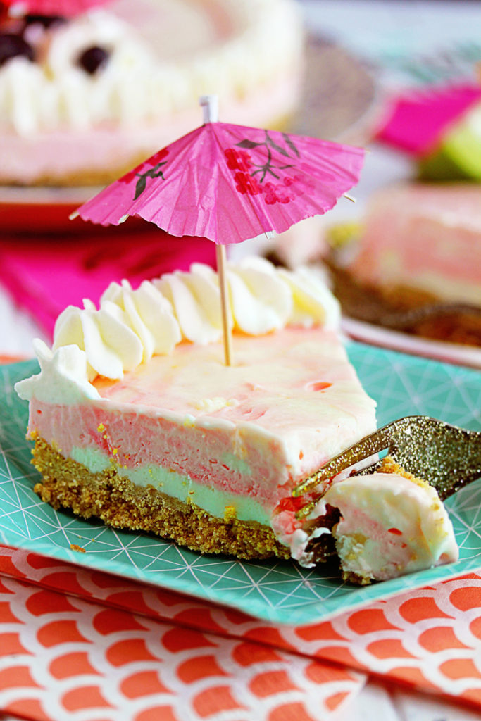 We couldn't leave this Miami Vice No Bake Cheesecake off of our list of fantastic no-bake cake recipes for summer | Grandbaby Cakes We couldn't leave this Miami Vice No Bake Cheesecake off of our list of fantastic no-bake cake recipes for summer | Grandbaby Cakes