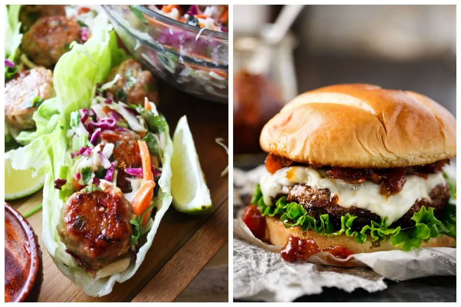 The best 30-minute meals for families: Thai Meatball Wraps at The Garlic Diaries and Bourbon Bacon Burgers at The Chunky Chef