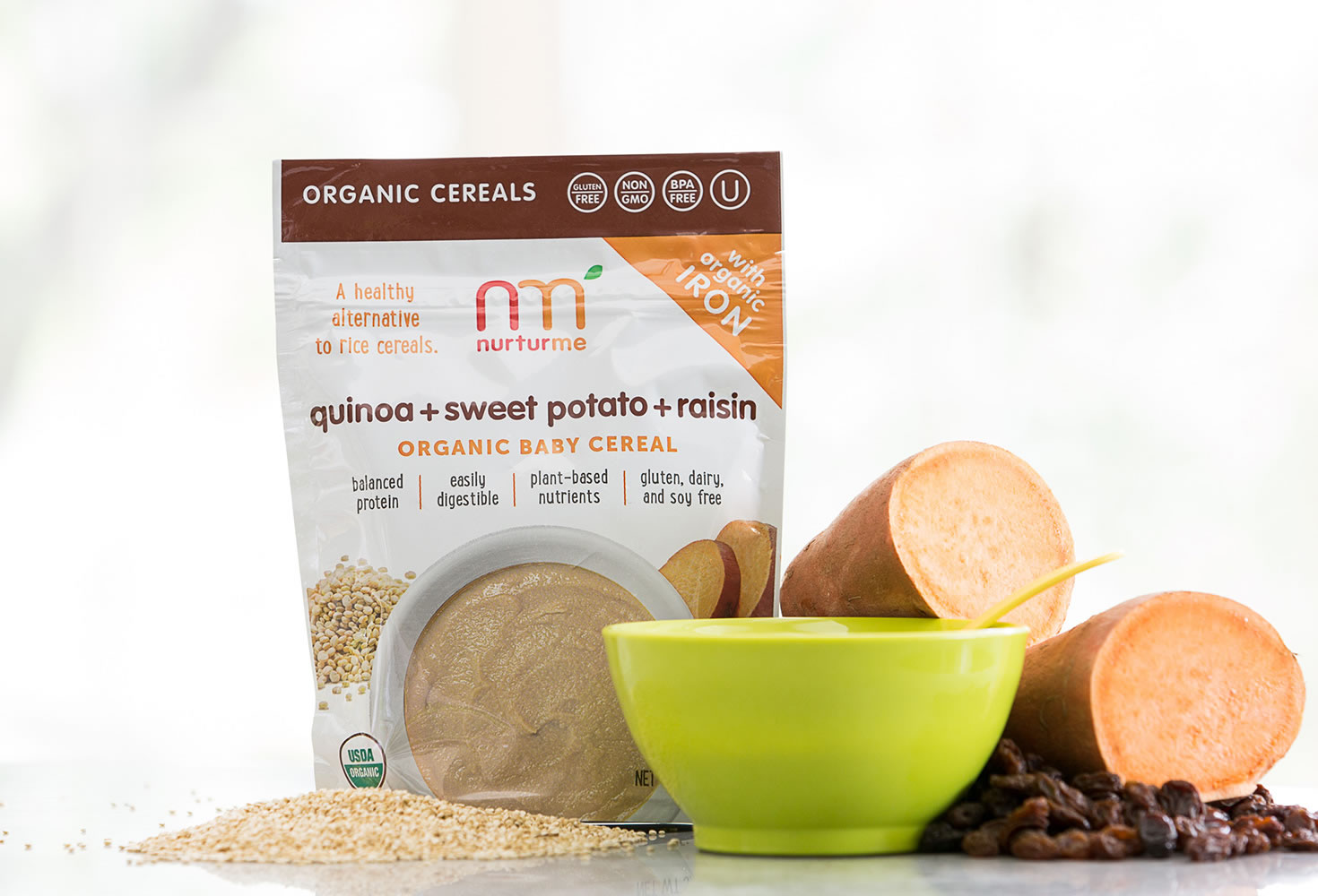 NurturMe quinoa cereal is loaded with nutrients from superfoods, plus an added daily RDA of probiotics to help babies with tummy health | coolmomeats.com | sponsor