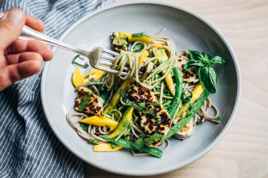 Cool Mom Eats weekly meal plan: Halloumi and Mango Noodles with Cilantro Coconut Dressing from the new cookbook, The Savvy Cook, at Brooklyn Supper