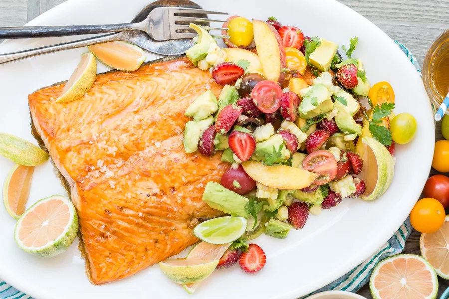 Cool Mom Eats weekly meal plan: Broiled Salmon with Summer Fruit Salad at Weelicious