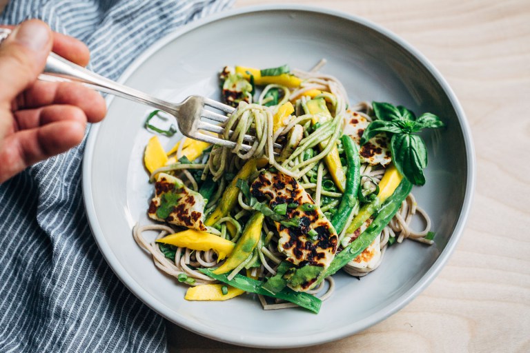 Cool Mom Eats weekly meal plan: Halloumi and Mango Noodles with Cilantro Coconut Dressing from the new cookbook, The Savvy Cook, at Brooklyn Supper