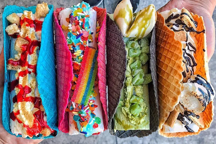 Amazing desserts for Instagram -- and to win parent of the year points! | Rainbow Ice Cream Tacos at Sweet Cup