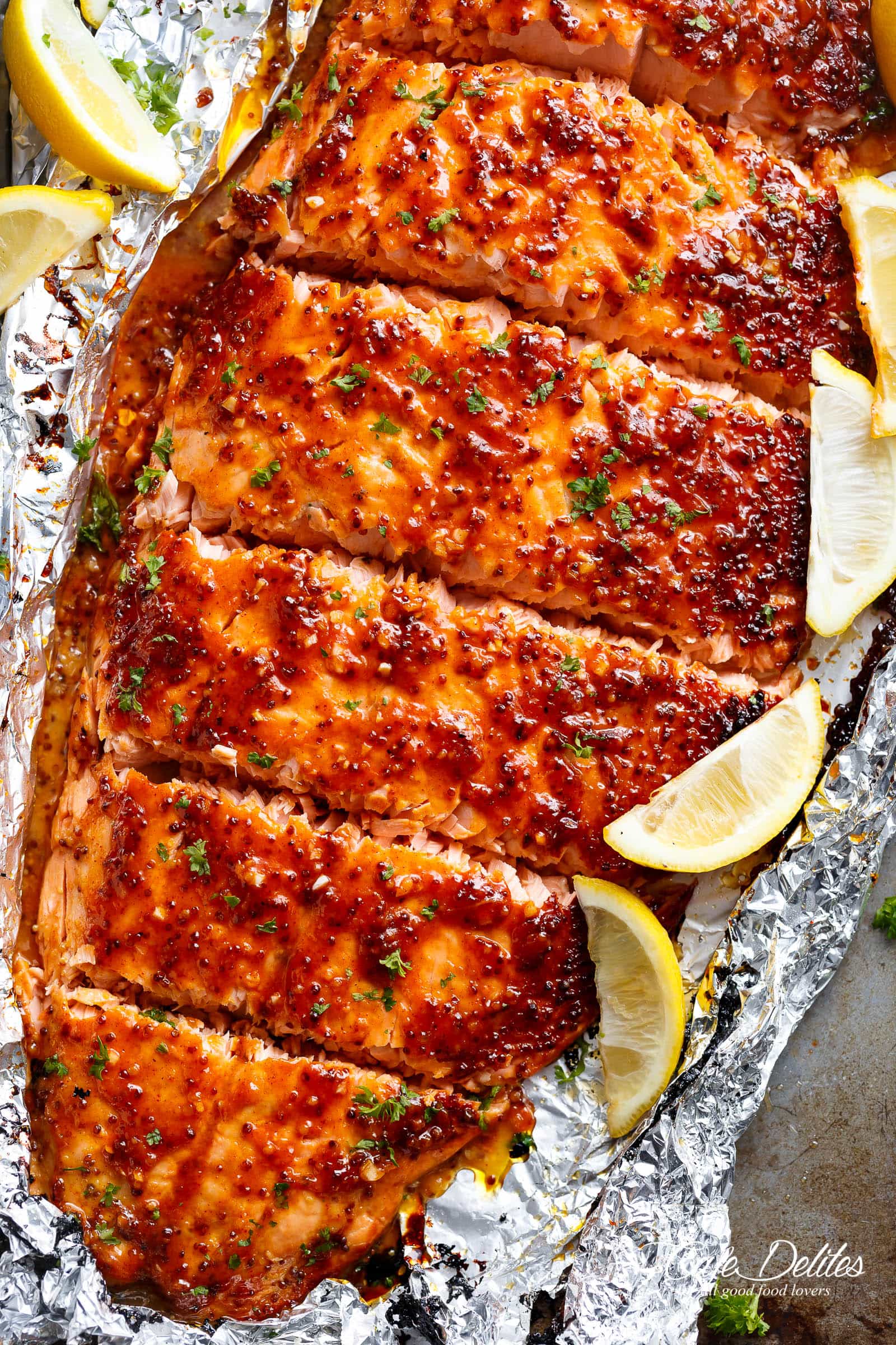 Cool Mom Eats weekly meal plan: Garlic Honey Mustard Salmon in foil at Cafe Delites